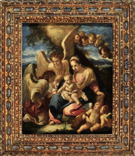 Madonna Mit Jesuskind Umgeben Von Engeln Oil Painting - Giovanni Battista Gaulli