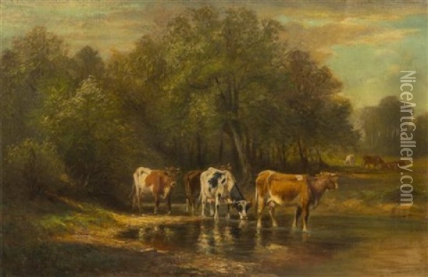 Landscape With Cows Wading In Stream Oil Painting - Thomas Bigelow Craig