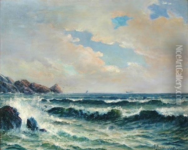 Coastal Scene With Ships In The Distance Oil Painting - Leon Lundmark