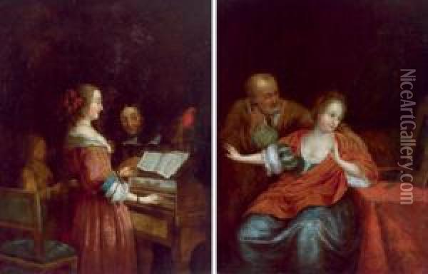 Seguace Del Settecento La Coppia Spaiata; La Lezione Di Musica; Quadri Pendant Oil Painting - Jan Van Mieris