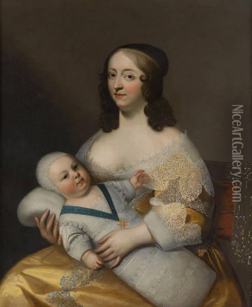 Portrait Louis Xiv Et Sa Nourrice, Dame Longuet De La Giraudier Oil Painting - Henri Beaubrun