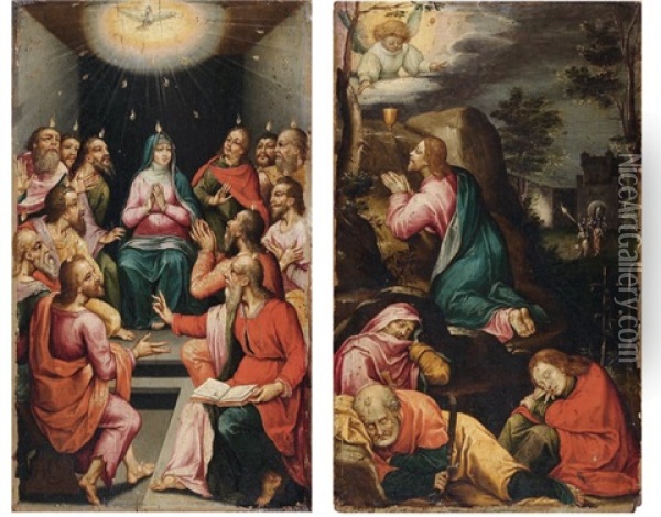 Le Christ Au Mont Des Oliviers (+ La Pentecote; Pair) Oil Painting - Maitre de Francfort