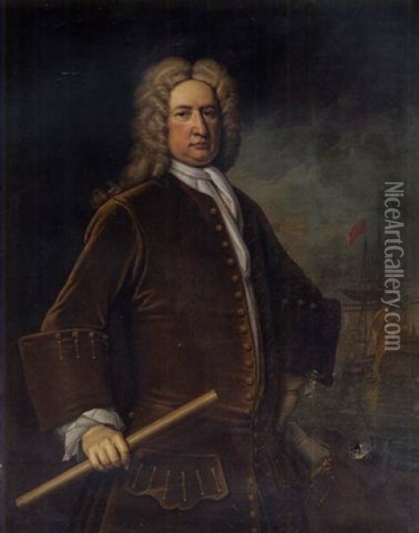 Portrait Of Vice-admiral Sir John Baker In A Brown Velvet Jacket Holding A Baton In His Right Hand With A Man-o'-war At Anchor Beyond Oil Painting - Thomas Gibson