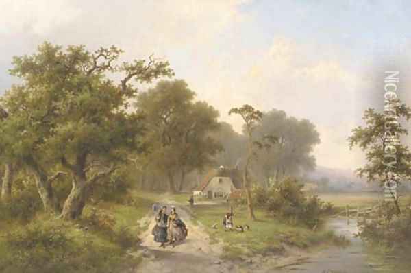 Elegant ladies strolling in the country Oil Painting - Hendrik Pieter Koekkoek