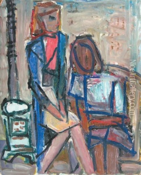 Deux Femmes Pres Du Poele Oil Painting - Andre Blondel (Aleksander Blonder)