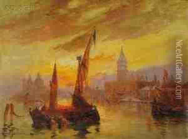 Sunset In The Harbor Oil Painting - Walter Franklin Lansil
