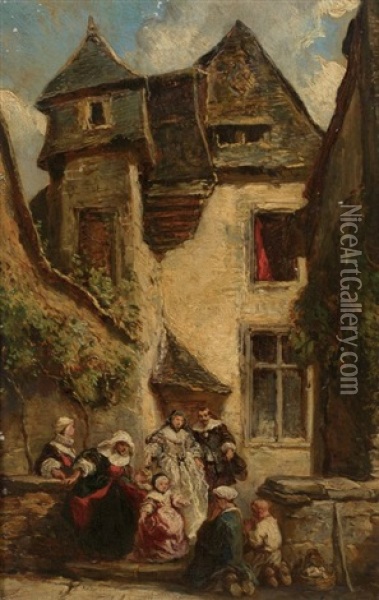 Cour Animee Oil Painting - Louis-Gabriel-Eugene Isabey