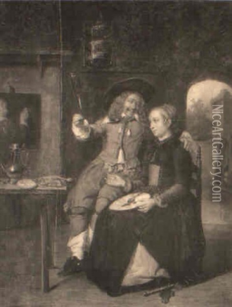 An Officer And A Lady Carousing In An Interior Oil Painting - Gabriel Metsu
