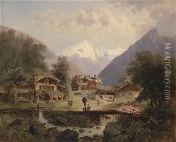Mountain Village With Alpine Panorama In The Background Oil Painting - Emil Barbarini