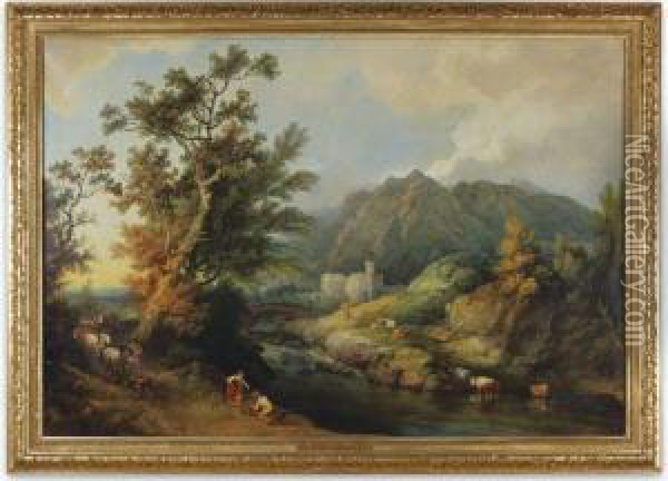 Landscape With Peasants By A River, A Castle Beyond Oil Painting - Loutherbourg, Philippe de