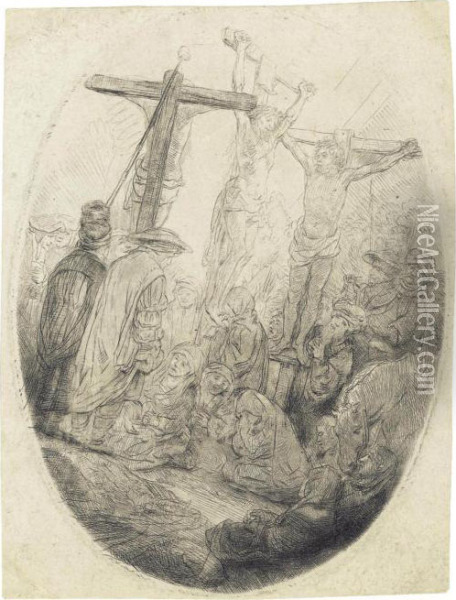 Christ Crucified Between The Two Thieves: Oval Plate Oil Painting - Rembrandt Van Rijn