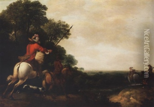 A Landscape With A Hunting Party By A Stream Oil Painting - Abraham Danielsz Hondius