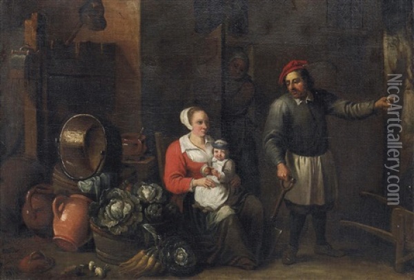 Kucheninterieur. Familie In Der Stube Neben Zahlreichen Topfen, Krugen Und Gemuse Oil Painting - Thomas Van Apshoven