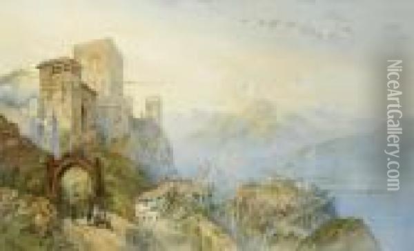 Italian Mountain Scene With Castle Oil Painting - Edwin St John