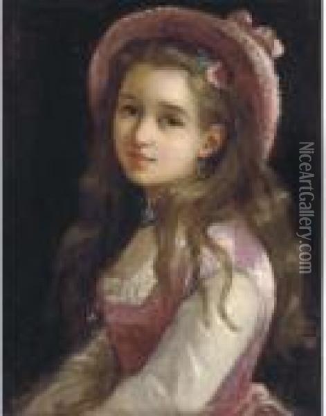 Portrait Of A Young Girl, Halflength In A Pink Dress And Hat Oil Painting - Sophie Gengembre Anderson