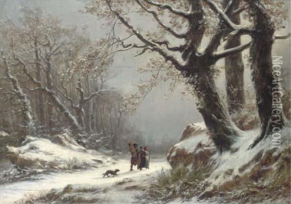 Travellers In Winter Woodland Oil Painting - Charles Joseph Lecointe