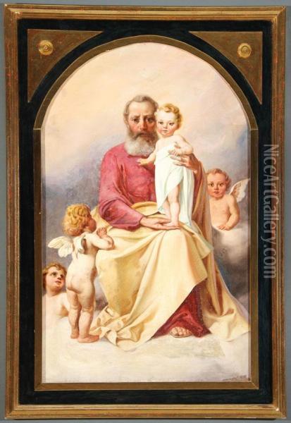 Saint Joseph And The Infant Christ With Adoring Angels Oil Painting - Ludwig Knaus