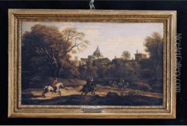Paesaggio Con Cavalieri, La Cupola Di Ariccia In Lontananza Oil Painting - Francois de Nome (Monsu, Desiderio)