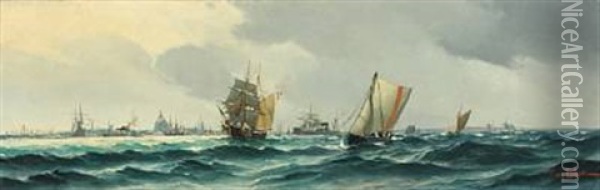 Numerous Ships On The Sound By Copenhagen Oil Painting - Vilhelm Victor Bille