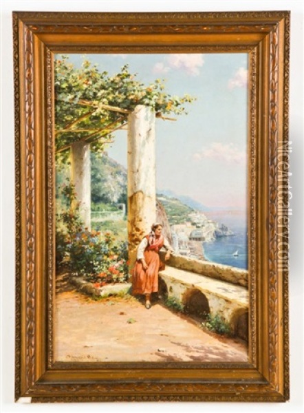 Italian Coastal View With Seated Lady Oil Painting - Bernardo Hay