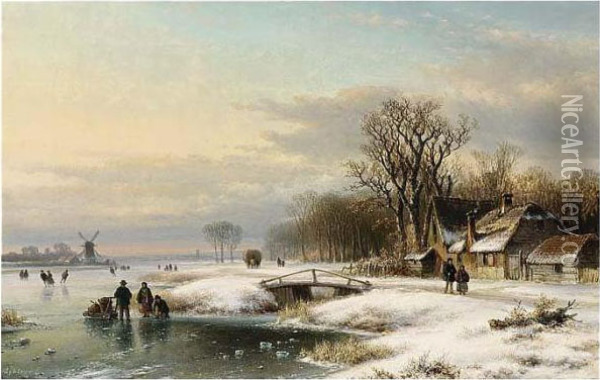 A Winter Landscape With Skaters On The Ice Oil Painting - Lodewijk Johannes Kleijn