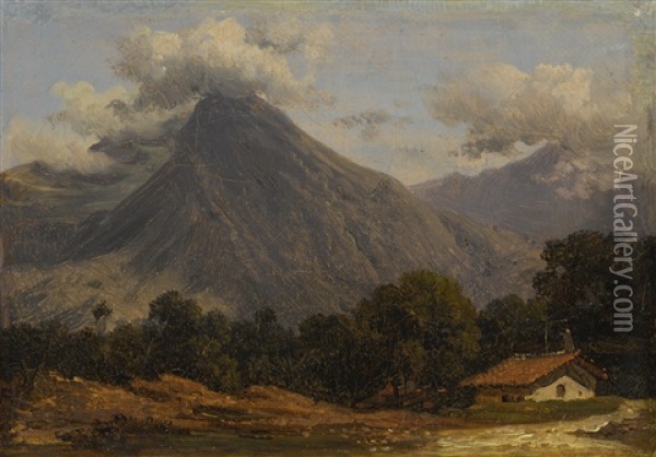Two South American Landscapes: (1) Vue D'habitation Au Pied D'un Volcan (2) Vue Animee D'un Lac Au Pied De Volcans Oil Painting - Jean Baptiste Louis (Baron Gros) Gros