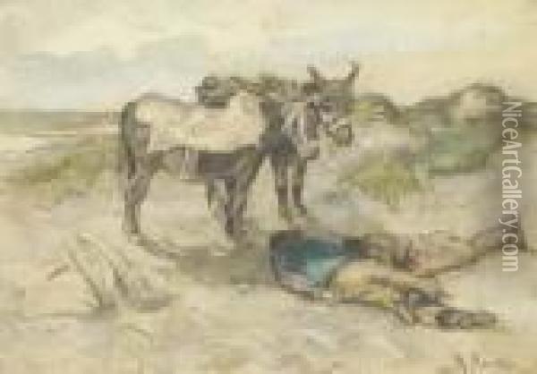 Welcome Shade: Donkeys And Their Keepers In The Dunes Oil Painting - Anton Mauve