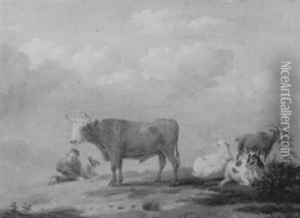 Herder, Cow, And Goats On A Hillside Oil Painting - William Sidney Cooper