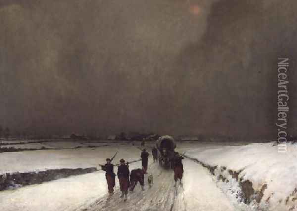 The Stragglers, Snow Effect, 1870 Oil Painting - Augustin Pierre Chenu