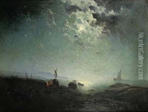 Moonlit Coastal Scene Oil Painting - Jean d' Alheim