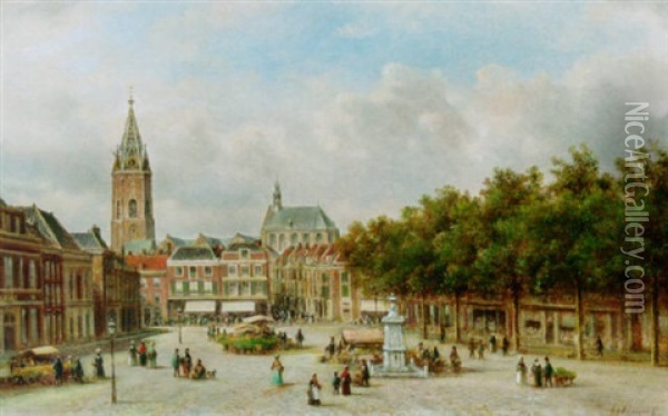 A Flowermarket On The Het Plein, The Hague Oil Painting - Lodewijk Johannes Kleijn