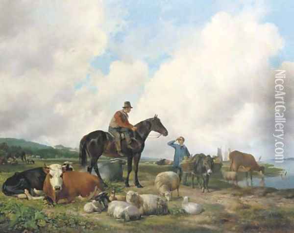 Oosterbeeks paard a farmer on horseback amongst his cattle Oil Painting - Hendrikus van den Sande Bakhuyzen