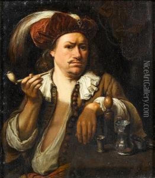 A Man Smoking A Pipe Oil Painting - Karel De Moor