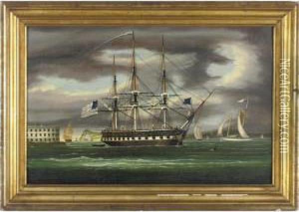 The Constitution In New York Harbor With Castle Gardens In The Background Oil Painting - Thomas Chambers