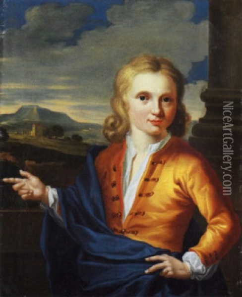 Portrait Of A Young Gentleman In A Tunic And A Blue Mantle, A Landscape Beyond Oil Painting - Mattheus Verheyden