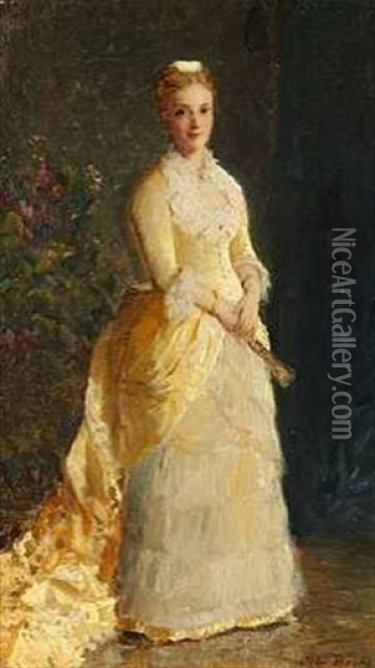 Kronprinsesse Louise I Lang Lysegul Kjole Med Slaeb, Holdende En Vifte Oil Painting - Otto Bache