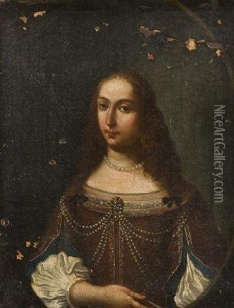 Portrait De Jeune Femme A La Robe Decoree De Perles Dans Un Ovale Peint Oil Painting - D'Egmont Juste