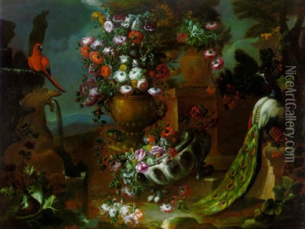 Roses, Carnations, Poppies, Morning Glory, Aster And Other Flowers In Two Urns, A Parrot By A Fountain In A Garden Oil Painting - Nicola Casissa