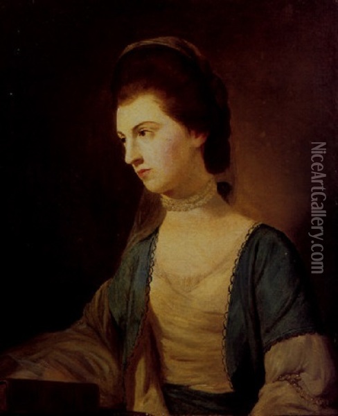 Portrait Of Eliza Henchman Wearing A Pearl Necklace And Blue And White Dress Embroidered With Pearls, A Book On A Table Beside Her Oil Painting - Tilly Kettle