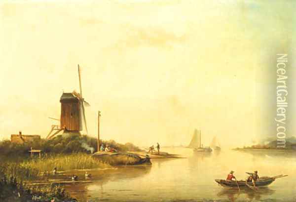 A river landscape with fishermen, a windmill nearby Oil Painting - Jacob Hendrik Van Duinen