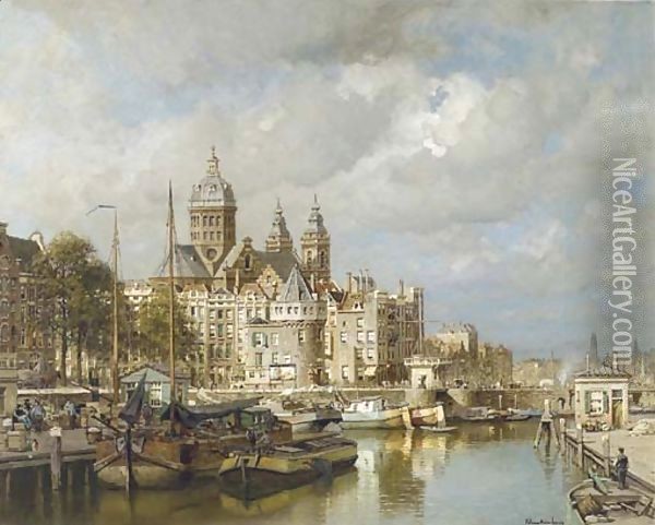 A bustling Prins Hendrikkade with the St. Nicolaas church and the Schreierstoren, Amsterdam Oil Painting - Johannes Christiaan Karel Klinkenberg
