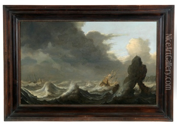 Two Sailing Ships On A Stormy Sea Near A Rock Oil Painting - Pieter Mulier the Elder