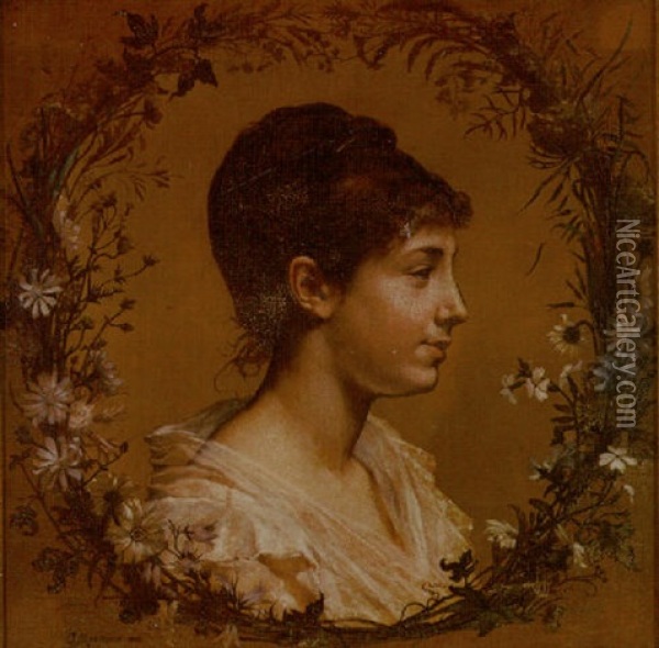 Portrait Of A Young Woman Within Wreath Of Flowers Oil Painting - Alexis Joseph Mazerolle