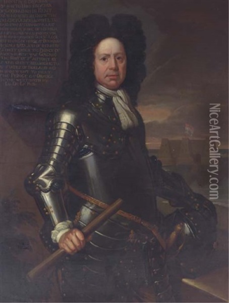 Portrait Of Robert Broadnax Of Godmarsham, Kent, In Armour Holding A Baton With A Fortress Beyond Oil Painting - Sir John Baptist de Medina