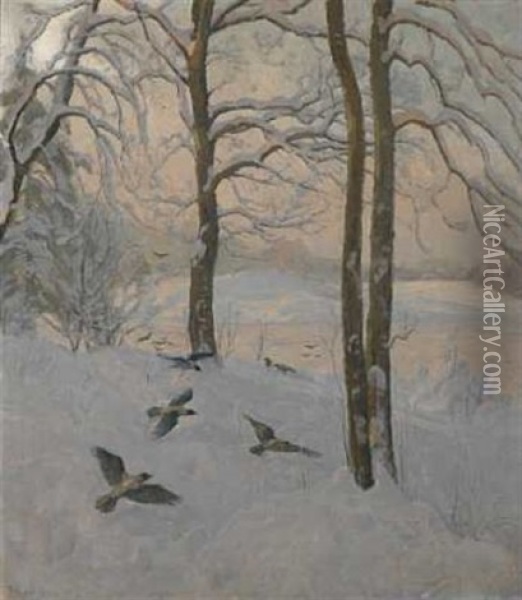Vinterdag I Skogen Oil Painting - Thorolf Holmboe