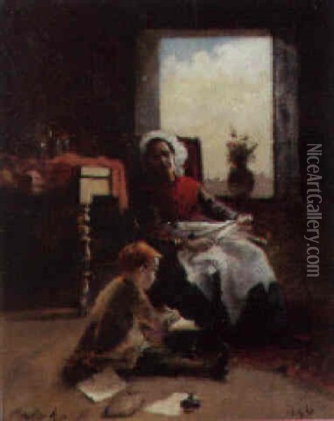 Lessons From Mother Oil Painting - Ferencz (Franz) Paczka