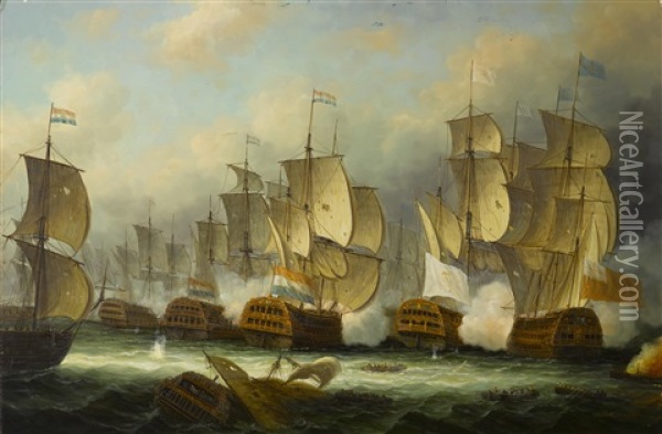 Sea Battle Oil Painting - James Hardy Jr.