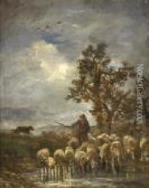 A L'abrevoir. Claire De Lune Oil Painting - Charles Emile Jacque