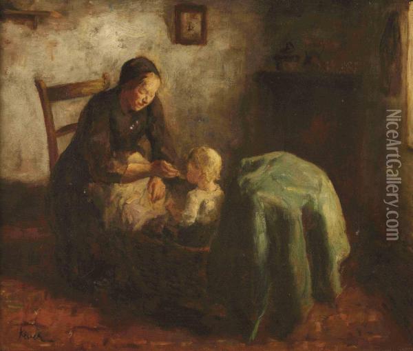 Interior With Mother And Child Oil Painting - Jacob Simon Hendrik Kever