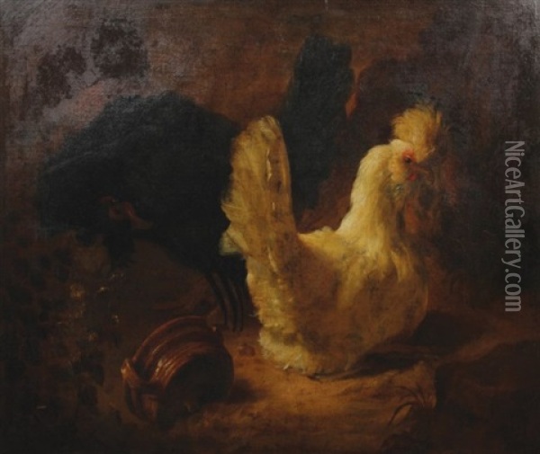 Poultry In A Landscape With An Earthenware Container In The Foreground Oil Painting - Abraham Bisschop